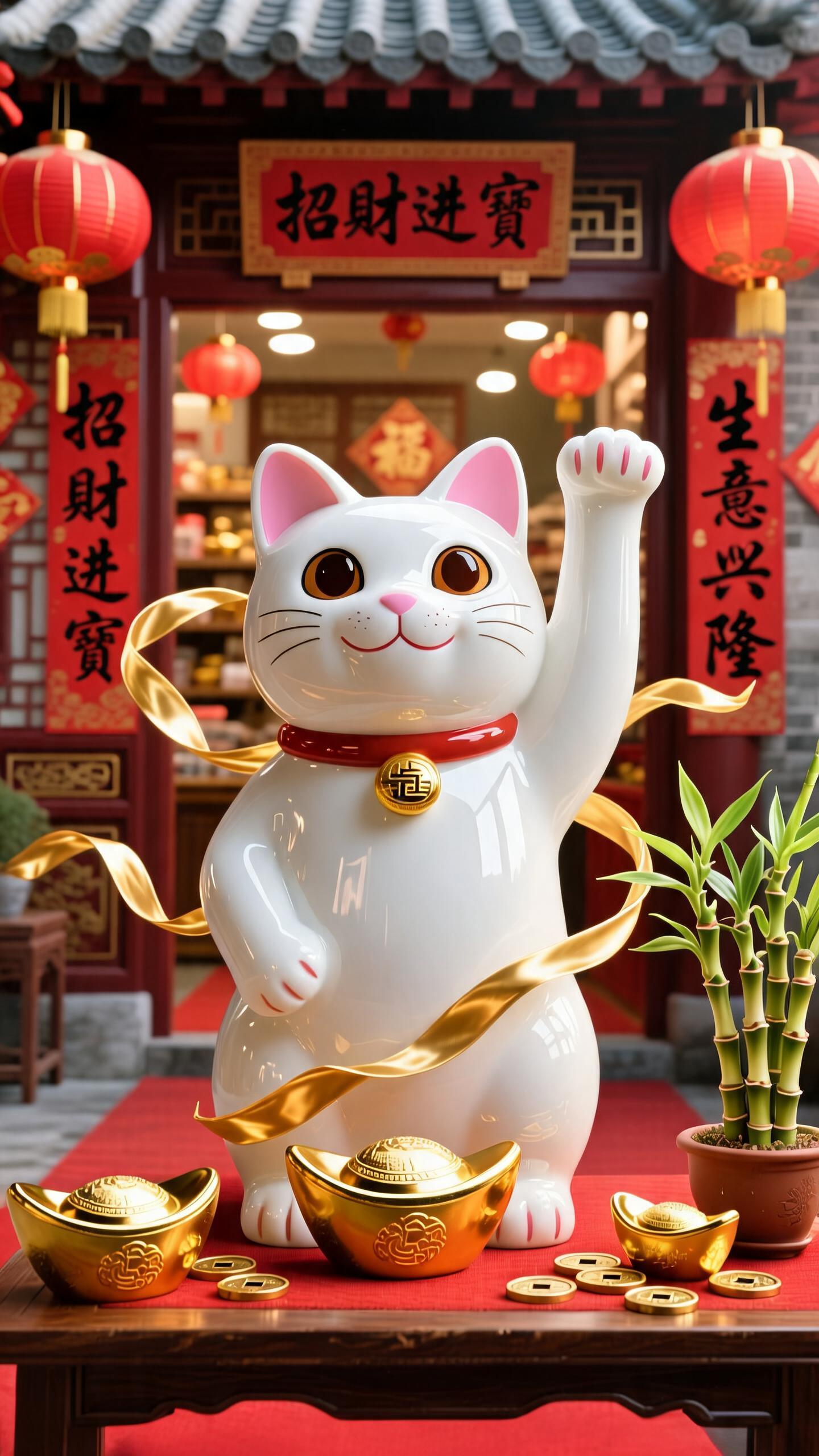 猫正前方两脚之间的桌面上加个金元宝