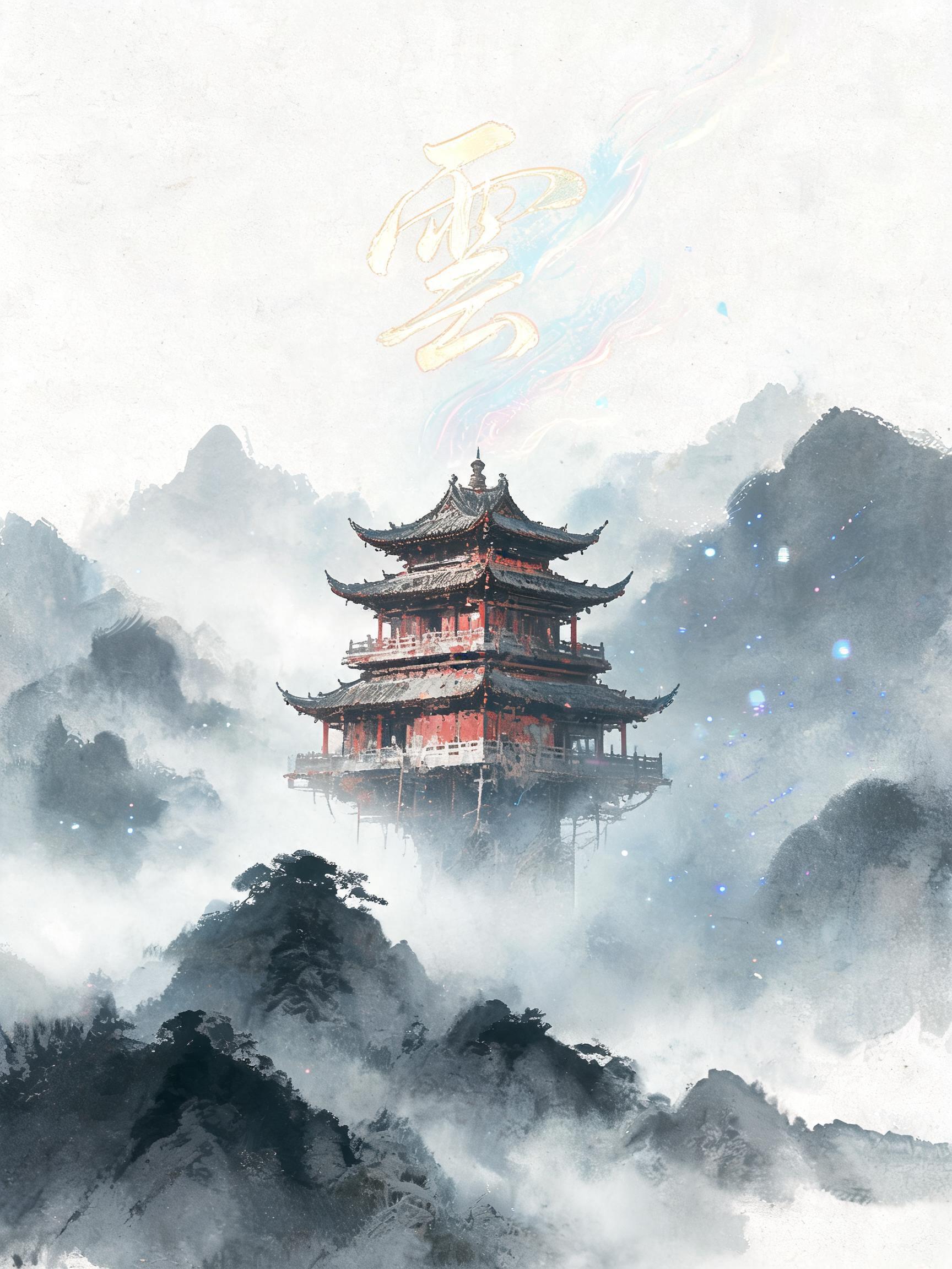 东方水墨赛博 一幅融合中国水墨画与赛博朋克美学的悬浮古塔